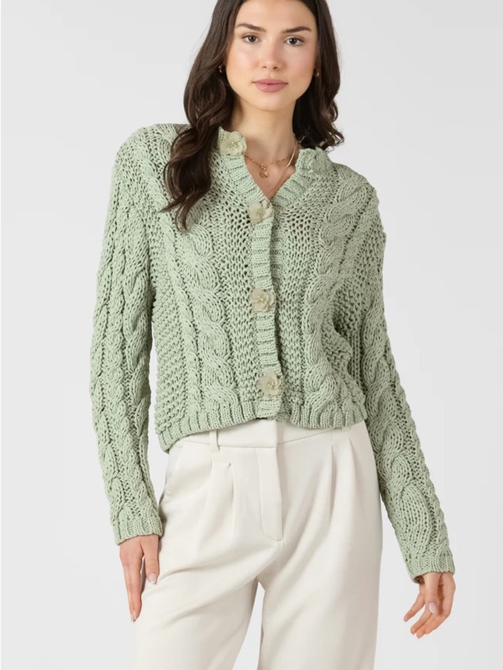 Soft Knit Cable Cardigan Sweater - Sage Green